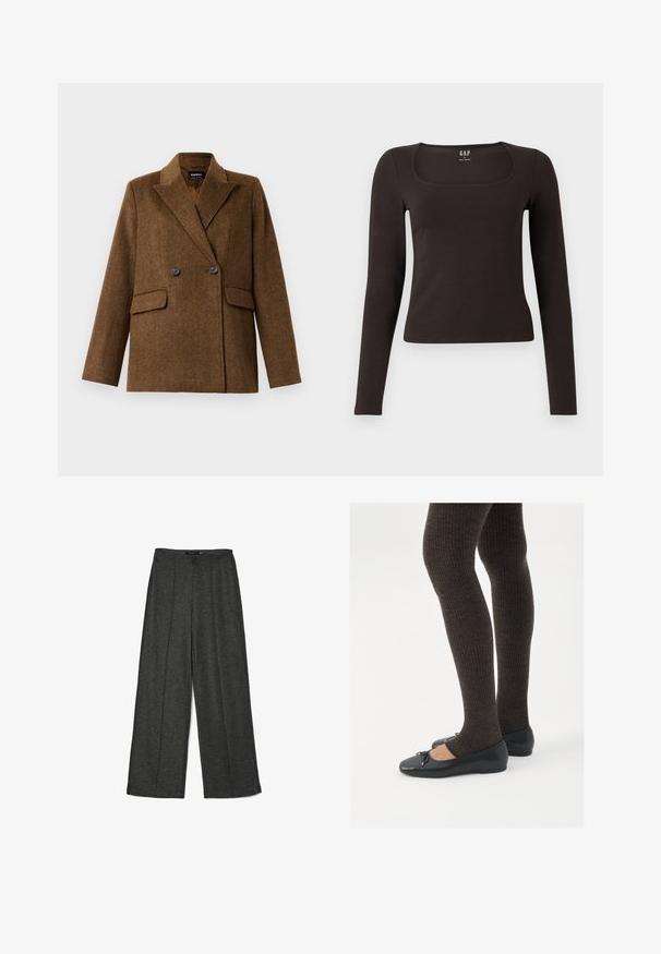 Sacou din lână maro, cu două rânduri de nasturi și rever larg, cu două buzunare frontale cu clapă și închidere cu nasturi, expus pe un fundal alb simplu.; Top negru cu mânecă lungă, aderent, cu decolteu pătrat, etichetat GAP, expus pe un fundal alb.; Pantaloni largi gri închis, fabricați dintr-un material texturat, având talie înaltă și două plii frontale pentru un plus de detaliu stilistic.; Pantofi negri cu un detaliu mic de fundiță la vârf, asortați cu colanți maro închis, cu textură ondulată. Pantofii au o textură netedă și un profil joase.