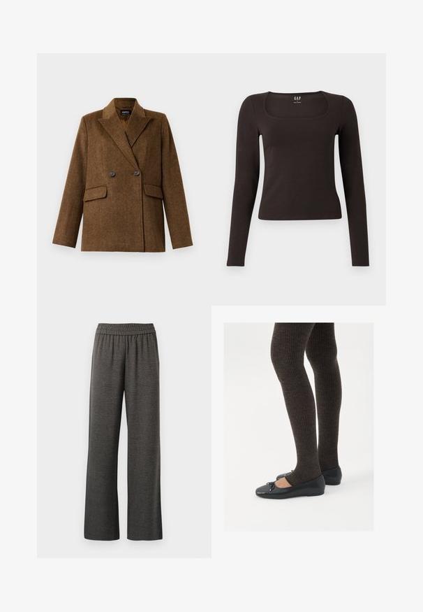 Brown double-breasted wool blazer with wide lapels, two front flap pockets, and button closure, displayed on a plain white background.; Black long-sleeve, fitted top with a square neckline, labeled GAP, displayed on a white background.; Gray wide-leg pants with a textured fabric, featuring an elastic waistband and no pockets, designed for comfort and ease of movement.; Black flat shoes with a small bow detail at the toe, paired with dark brown ribbed tights. Shoes have a smooth texture and low profile.