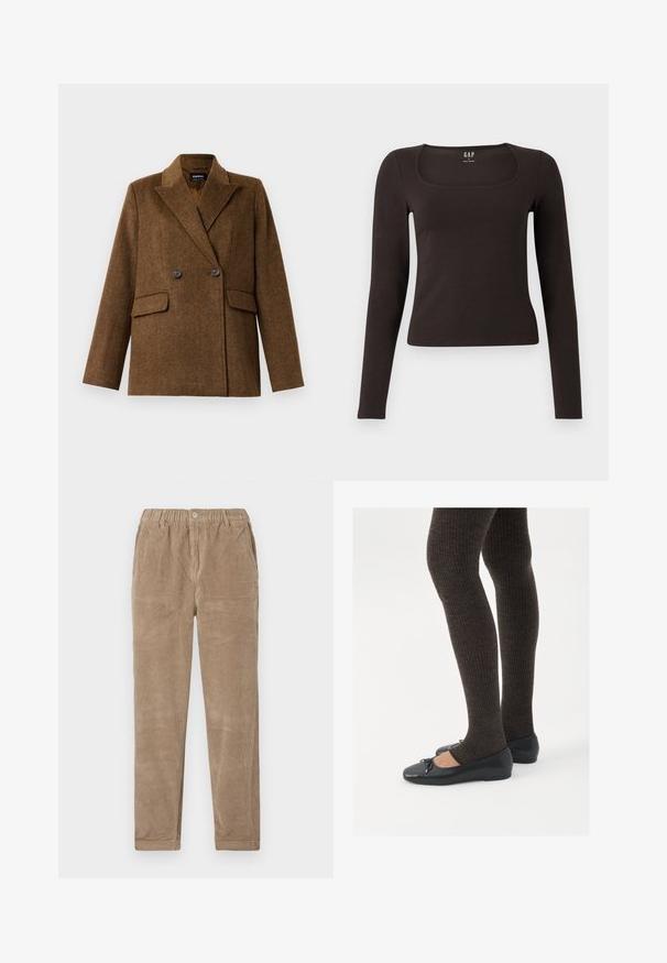 Brown double-breasted wool blazer with wide lapels, two front flap pockets, and button closure, displayed on a plain white background.; Black long-sleeve, fitted top with a square neckline, labeled GAP, displayed on a white background.; Brown corduroy pants with an elastic waistband, featuring flat front pockets and a straight-leg design. Soft texture and ribbed pattern.; Black flat shoes with a small bow detail at the toe, paired with dark brown ribbed tights. Shoes have a smooth texture and low profile.