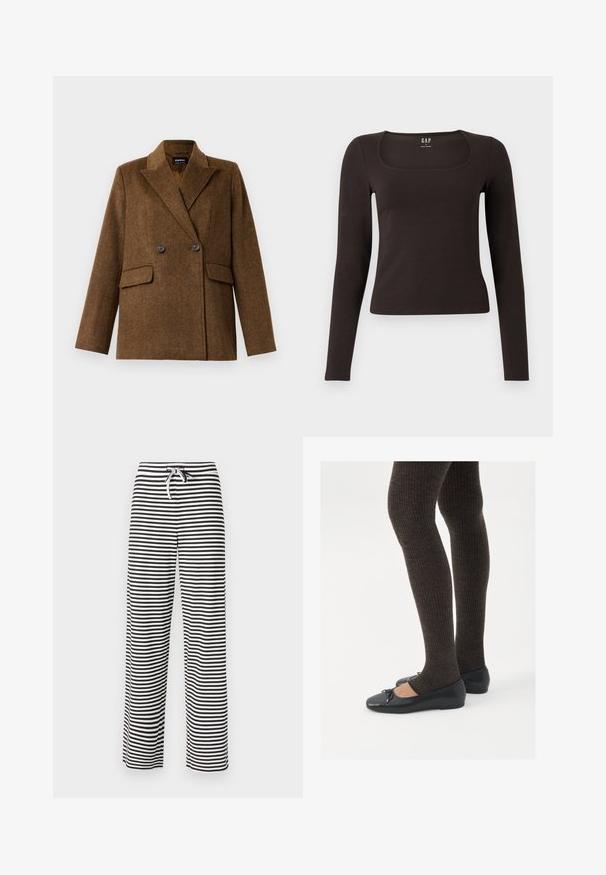 Pruun kahepoolne villane bleiser laiade klappidega, kahe esise fanaaniga taskuga ja nööbiga kinnitamine, esitatud ühel lihtsal valgel taustal.; Must musta, sobiv ülikond, neljakandiline kaelus, sildiga GAP, valge tausta peal.; Mustriteel must-valged triibulised laiad püksid, millel on nööriga vöökoht. Pehme materjal ja mugav lõige. Ühtlased vertikaalsed triibud.; Mustad mustad kingad väikese teksaga varvaste juures, koos tumedate pruunide ribakangastega. Kingadel on sile tekstuur ja madal profiil.