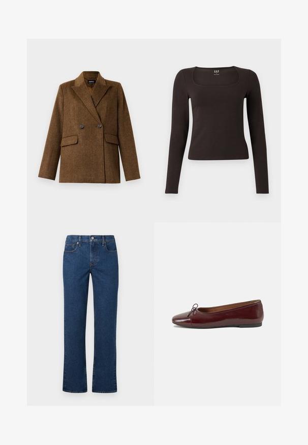 Blazer de lã castanho, de dois botões, com lapelas largas, duas bolsas frontais com aba e fecho de botão, exibido sobre um fundo branco liso.; Top preto de mangas longas, ajustado, com decote quadrado, da marca GAP, exibido sobre um fundo branco.; Jeans retos em azul escuro com fecho de botão e zíper, bolsos frontais e para moedas, e passadores de cinto, exibidos em plano sobre um fundo branco.; Bailarinas em couro sintético borgonha com bico redondo, pequeno laço na frente e sola baixa em borracha preta. Textura suave.
