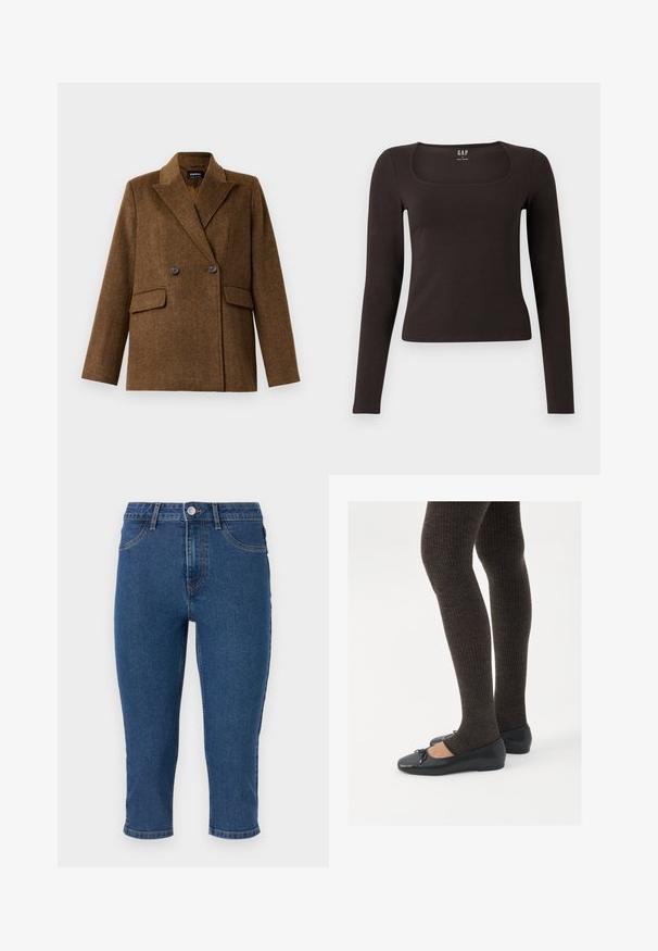 Blazer de lã castanho, de dois botões, com lapelas largas, duas bolsas frontais com aba e fecho de botão, exibido sobre um fundo branco liso.; Top preto de mangas longas, ajustado, com decote quadrado, da marca GAP, exibido sobre um fundo branco.; Calças capri em denim azul-escuro com cintura alta, cinco bolsos e costura em contraste. Apresenta um único botão de metal e ligeira afunilação na barra.; Sapatos planos pretos com um pequeno laço na ponta, emparelhados com meias-calças caneladas castanhas escuras. Os sapatos têm uma textura suave e um design discretamente baixo.
