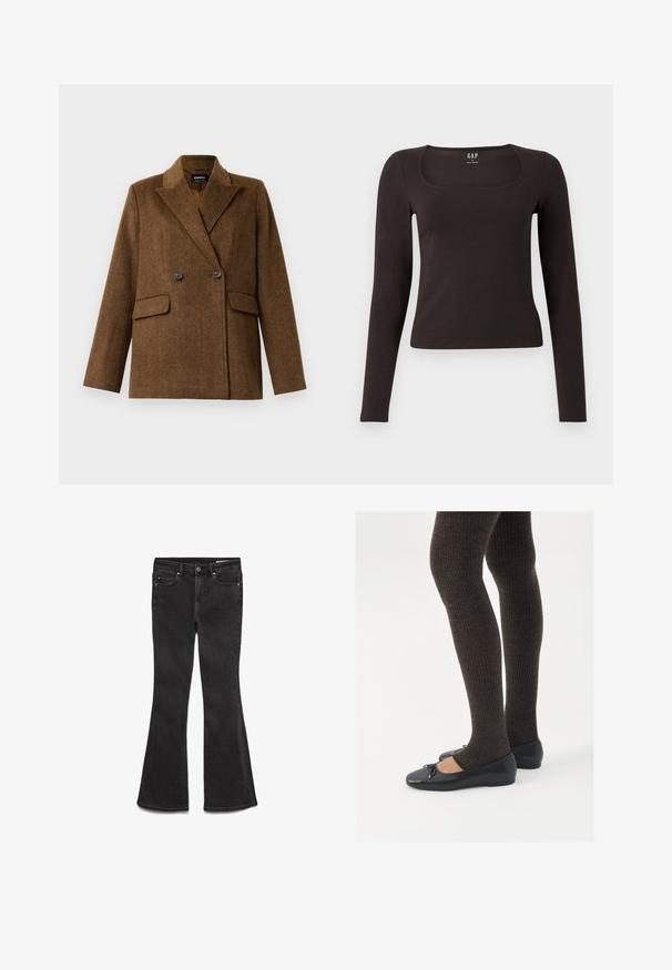 Brown double-breasted wool blazer with wide lapels, two front flap pockets, and button closure, displayed on a plain white background.; Black long-sleeve, fitted top with a square neckline, labeled GAP, displayed on a white background.; Black flared jeans made of denim. Features a classic five-pocket design with a zipper fly and subtle stitching details.; Black flat shoes with a small bow detail at the toe, paired with dark brown ribbed tights. Shoes have a smooth texture and low profile.