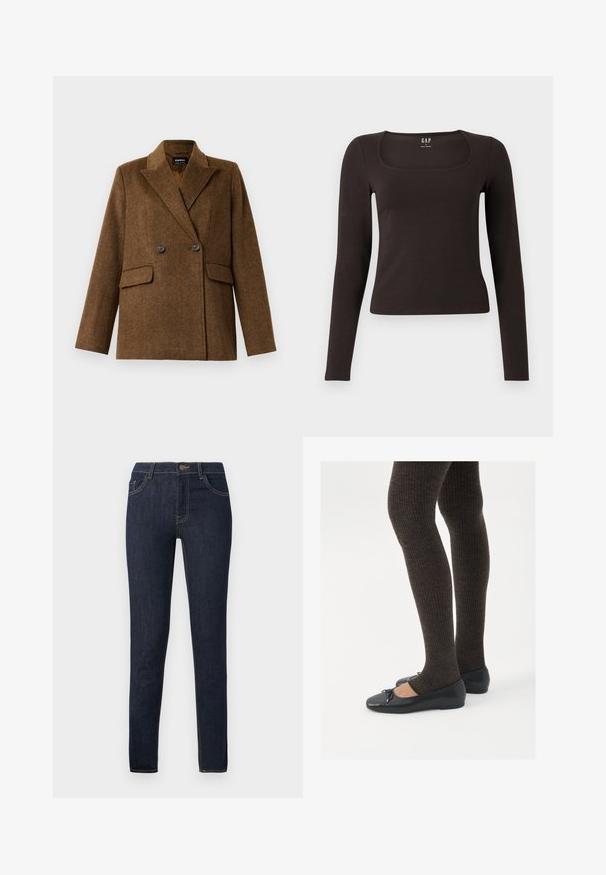 Blazer de lã castanho, de dois botões, com lapelas largas, duas bolsas frontais com aba e fecho de botão, exibido sobre um fundo branco liso.; Top preto de mangas longas, ajustado, com decote quadrado, da marca GAP, exibido sobre um fundo branco.; Jeans slim fit azul escuro com bolsos frontais, passantes para cinto e fecho de botão, exibidos contra um fundo branco liso.; Sapatos planos pretos com um pequeno laço na ponta, emparelhados com meias-calças caneladas castanhas escuras. Os sapatos têm uma textura suave e um design discretamente baixo.