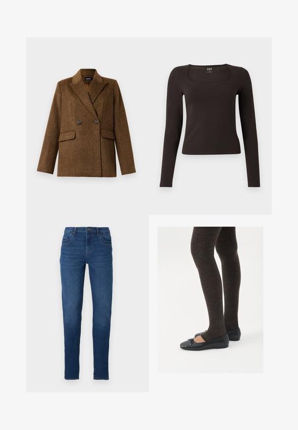 Brūns divrindu vilnas žakets ar plašām atlokām, divām priekšējām kabatām ar flap un pogu aizdari, izstādīts uz vienkārša balta fona.; Melnas garās piedurknes, pieguļošs tops ar kvadrātveida apkakli, ar uzrakstu GAP, novietots uz baltā fona.; Tumši zili džinsi ar šauru piegriezumu, kuriem ir piecas kabatas, jostas cilpas un rāvējslēdzējs ar pogu aizdari. Gluda tekstūra.; Melnas plakano formas kurpes ar mazu loku uz pirksta, apvienotas ar tumši brūnām ribotām zeķubiksēm. Kurpēm ir gluda tekstūra un zems profils.