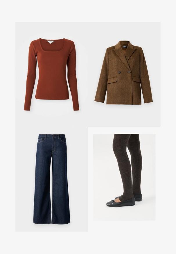 Brown double-breasted wool blazer with wide lapels, two front flap pockets, and button closure, displayed on a plain white background.; Rust-colored ribbed long-sleeve top with a square neckline, fitted silhouette, and a small brand label at the collar.; Wide-leg jeans in dark blue denim. Features contrast stitching, five pockets, and a button closure at the waist. Smooth texture.; Black flat shoes with a small bow detail at the toe, paired with dark brown ribbed tights. Shoes have a smooth texture and low profile.