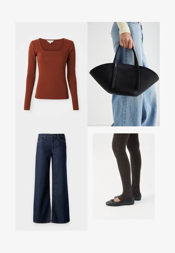 Pruun kahepoolne villane bleiser laiade klappidega, kahe esise fanaaniga taskuga ja nööbiga kinnitamine, esitatud ühel lihtsal valgel taustal.; Roostes värvi ribaga pikad varrukad särk ruudu meenutava kaelusega, keha lähedane siluett ja väike kaubamärgi silt kaelusel.; Laiad teksad tumesinises denimis. Omab kontrastõmblusi, viit taskut ja nupukinnitust vööl. Sile tekstuur.; Mustad mustad kingad väikese teksaga varvaste juures, koos tumedate pruunide ribakangastega. Kingadel on sile tekstuur ja madal profiil.; Must mustra kott, millel on unikaalne fännikujuline disain, millel on lapikud käepidemed. Pinna tekstuur on kivikujuline ja disain on minimalistlik.