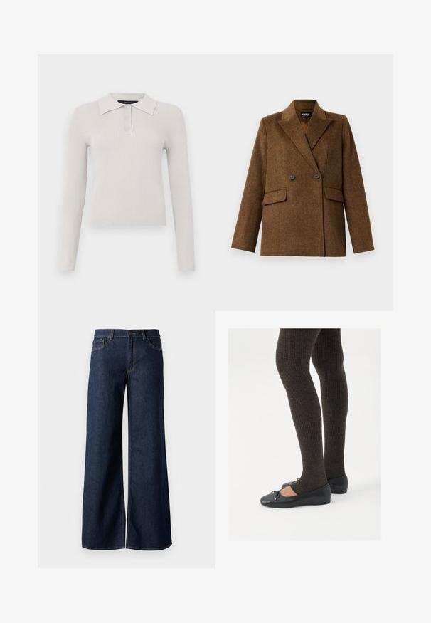Blazer en laine marron à double boutonnage, avec larges revers, deux poches avant à rabat et fermeture à bouton, présenté sur un fond blanc uni.; Polo à manches longues gris clair avec une texture côtelée, patte de boutonnage à deux boutons et col classique. Tissu doux avec une coupe ajustée.; Jean large en denim bleu foncé. Présente des coutures contrastées, cinq poches et une fermeture par bouton à la taille. Texture lisse.; Chaussures plates noires avec un petit nœud au niveau des orteils, associées à des collants côtelés marron foncé. Les chaussures ont une texture lisse et un profil bas.