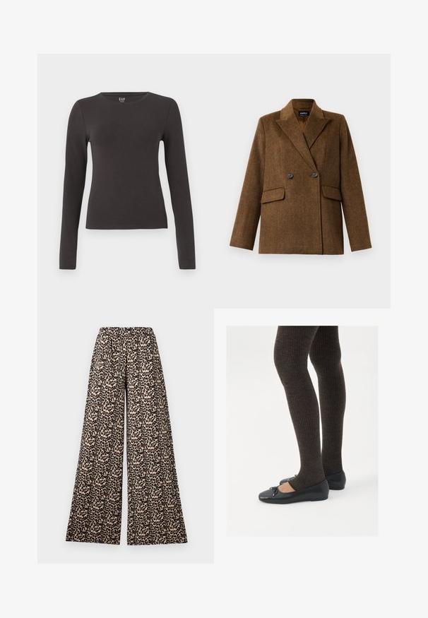 Blazer in lana marrone doppiopetto con revers ampi, due tasche anteriori a soffietto e chiusura con bottoni, esposto su uno sfondo bianco semplice.; Maglietta a maniche lunghe in cotone grigio scuro con scollo rotondo, design aderente e texture liscia. Senza pattern né accenti visibili.; Pantaloni a gamba larga con elastico in vita in una stampa leopardata beige e marrone su sfondo bianco.; Scarpe nere a flat con un piccolo fiocco sulla punta, abbinate a collant a coste marrone scuro. Le scarpe hanno una texture liscia e un profilo basso.