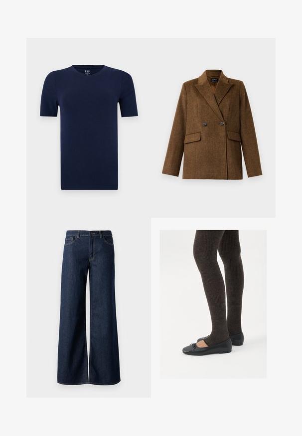 Pruun kahepoolne villane bleiser laiade klappidega, kahe esise fanaaniga taskuga ja nööbiga kinnitamine, esitatud ühel lihtsal valgel taustal.; Tumesinine lühikeste varrukatega T-särk klassikalise ümmarguse kaelusega, valmistatud pehmest puuvillakangast. Omab regulaarset lõiget ja sirgeid ääri, tagades mugava disaini.; Laiad teksad tumesinises denimis. Omab kontrastõmblusi, viit taskut ja nupukinnitust vööl. Sile tekstuur.; Mustad mustad kingad väikese teksaga varvaste juures, koos tumedate pruunide ribakangastega. Kingadel on sile tekstuur ja madal profiil.