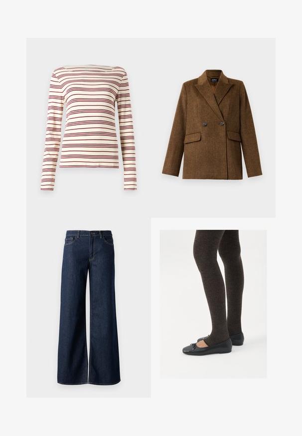 Ruskea tuplarivinen villablazer, jossa on leveät kaulukset, kaksi etutaskua ja nappikiinnitys, esillä tasaisella valkoisella taustalla.; Pitkähihaoneulevaate vaaleassa kremessä, jossa on viininpunaiset vaakaraidat; veneen pääntie; pehmeä kangas; slim fit -malli, jossa on hieman venyvyyttä.; Suorat lahkeet farkut tummansinisestä denimmistä. Ominaisuuksiin kuuluvat kontrastiväriset ompeleet, viisi taskua ja nappisuljenta vyötäröllä. Sileä pinta.; Mustat matalat kengät, joissa on pieni nauha varpaissa, yhdistettynä tummanruskeisiin ribattuisiin sukkahousuihin. Kengissä on sileä pinta ja matala profiili.