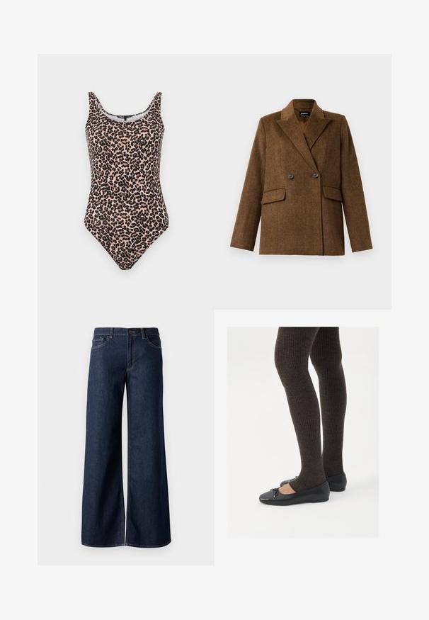 Brun dubbelknäppt ullblazer med breda slag, två framfickor med klaff och knäppning, utställd på en plain vit bakgrund.; Enbärsmönstrad baddräkt i nyanser av beige och svart. Har en rundad halsringning, axelband och en högskuren bendesign. Slät tygtextur.; Breda jeans i mörkblå denim. Har kontrastsömmar, fem fickor och en knappstängning vid midjan. Slät textur.; Svarta platta skor med en liten rosett vid tån, i kombination med mörkbruna ribbade strumpbyxor. Skorna har en slät yta och låg profil.