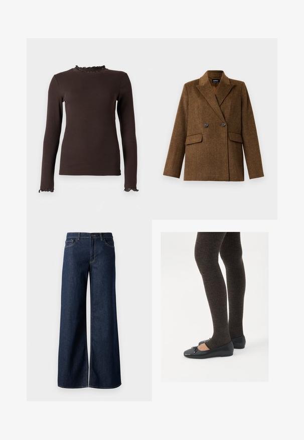 Blazer de lana marrón de doble botonadura con solapas anchas, dos bolsillos delanteros con solapa y cierre de botón, exhibido sobre un fondo blanco liso.; Top marrón de manga larga hecho de tela acanalada, con un cuello y puños con volantes. El diseño es ajustado y tiene una textura suave.; Jeans de pierna ancha en denim azul oscuro. Presenta costuras en contraste, cinco bolsillos y un cierre de botón en la cintura. Textura suave.; Zapatos planos negros con un pequeño lazo en la punta, combinados con medias de punto en marrón oscuro. Los zapatos tienen una textura suave y un perfil bajo.