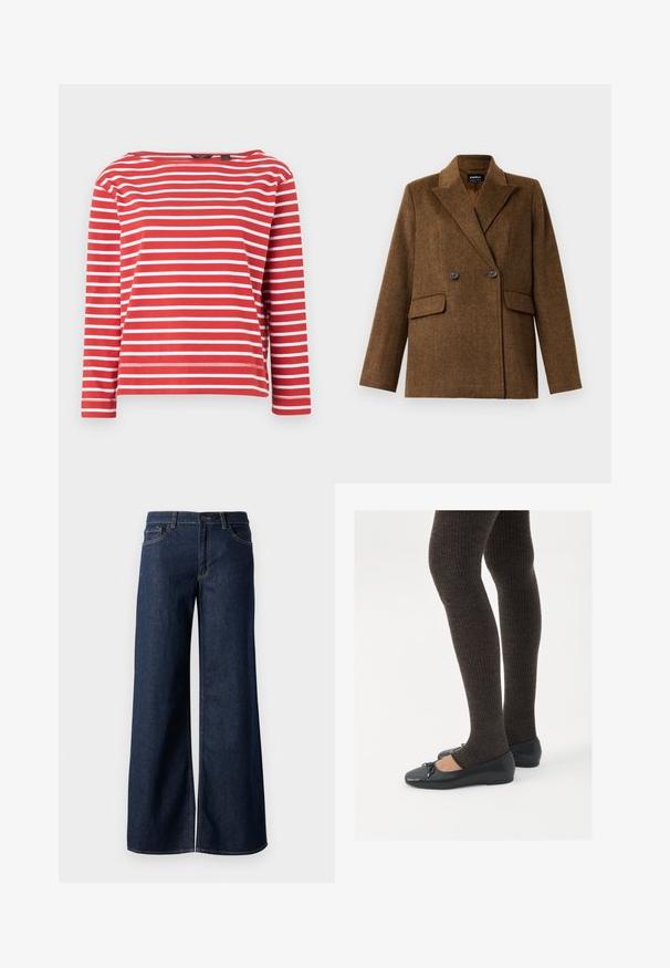 Rjav dvoredni volneni suknjič s širokimi klapnicami, dvema sprednjima žepoma s poklopcem in zapiranjem na gumb, prikazan na enobarvni beli podlagi.; Rdeče in bele črtaste dolge rokave s čolničastim izrezom. Plesni material, sproščen kroj in dokončan rob. Preprost dizajn z enakomerna črtami.; Široke hlače iz temnega modrega denima. Imajo kontrastno šivanje, pet žepov in gumbasto zapiranje v pasu. Gladka tekstura.; Črne ravne čevlje z majhnim lokom na prstih, v kombinaciji s temno rjavimi rebrastimi nogavicami. Čevlji imajo gladko teksturo in nizko obliko.