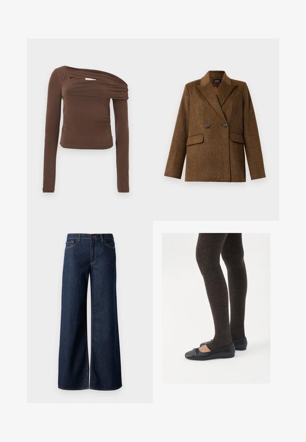 Brauner doppelt knöpferner Wollblazer mit breiten Revers, zwei vorderen Klappentaschen und Knopfverschluss, auf einem schlichten weißen Hintergrund präsentiert.; Brauner Langarm-Top mit asymmetrischem Ausschnitt, gerafftem Textur und figurbetonter Silhouette. Glattes Material mit dezentem Glanz.; Weite Jeans in dunkelblauem Denim. Merkmale sind kontrastierende Nähte, fünf Taschen und ein Knopfverschluss an der Taille. Glatte Textur.; Schwarze flache Schuhe mit einem kleinen Schleifendetail an der Zehe, kombiniert mit dunkelbraunen gerippten Strumpfhosen. Die Schuhe haben eine glatte Textur und ein niedriges Profil.