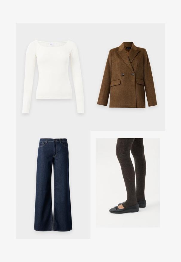 Brown double-breasted wool blazer with wide lapels, two front flap pockets, and button closure, displayed on a plain white background.; White long-sleeve ribbed top with a square neckline, made of soft fabric. Features fitted design and seamless hems for a clean look.; Wide-leg jeans in dark blue denim. Features contrast stitching, five pockets, and a button closure at the waist. Smooth texture.; Black flat shoes with a small bow detail at the toe, paired with dark brown ribbed tights. Shoes have a smooth texture and low profile.
