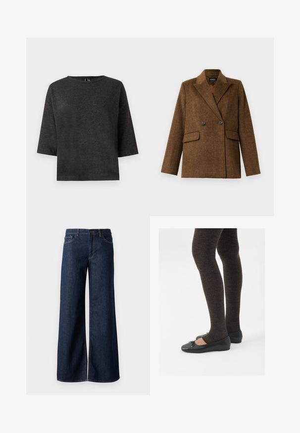 Brown double-breasted wool blazer with wide lapels, two front flap pockets, and button closure, displayed on a plain white background.; Dark gray, short-sleeved top made of soft fabric. Features a round neckline and simple, boxy shape without embellishments or patterns.; Wide-leg jeans in dark blue denim. Features contrast stitching, five pockets, and a button closure at the waist. Smooth texture.; Black flat shoes with a small bow detail at the toe, paired with dark brown ribbed tights. Shoes have a smooth texture and low profile.