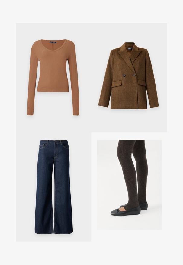 Rjav dvoredni volneni suknjič s širokimi klapnicami, dvema sprednjima žepoma s poklopcem in zapiranjem na gumb, prikazan na enobarvni beli podlagi.; Rjava, rebrovana majica z dolgimi rokavi in krojenjem z obrobo. Narejena iz mehkega, elastičnega materiala za udobje.; Široke hlače iz temnega modrega denima. Imajo kontrastno šivanje, pet žepov in gumbasto zapiranje v pasu. Gladka tekstura.; Črne ravne čevlje z majhnim lokom na prstih, v kombinaciji s temno rjavimi rebrastimi nogavicami. Čevlji imajo gladko teksturo in nizko obliko.