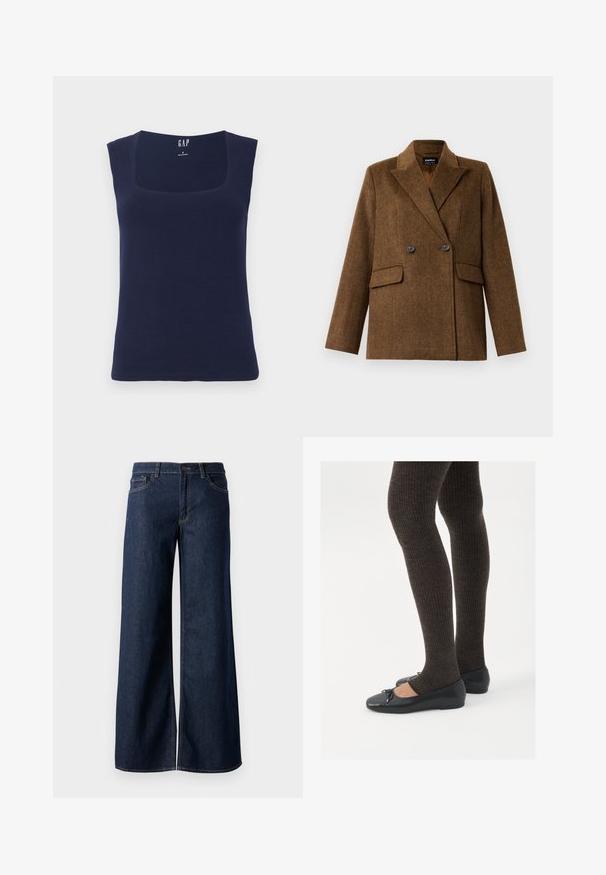 Brown double-breasted wool blazer with wide lapels, two front flap pockets, and button closure, displayed on a plain white background.; Navy blue sleeveless top made of soft cotton, featuring a square neckline and a fitted shape with clean, finished edges.; Wide-leg jeans in dark blue denim. Features contrast stitching, five pockets, and a button closure at the waist. Smooth texture.; Black flat shoes with a small bow detail at the toe, paired with dark brown ribbed tights. Shoes have a smooth texture and low profile.