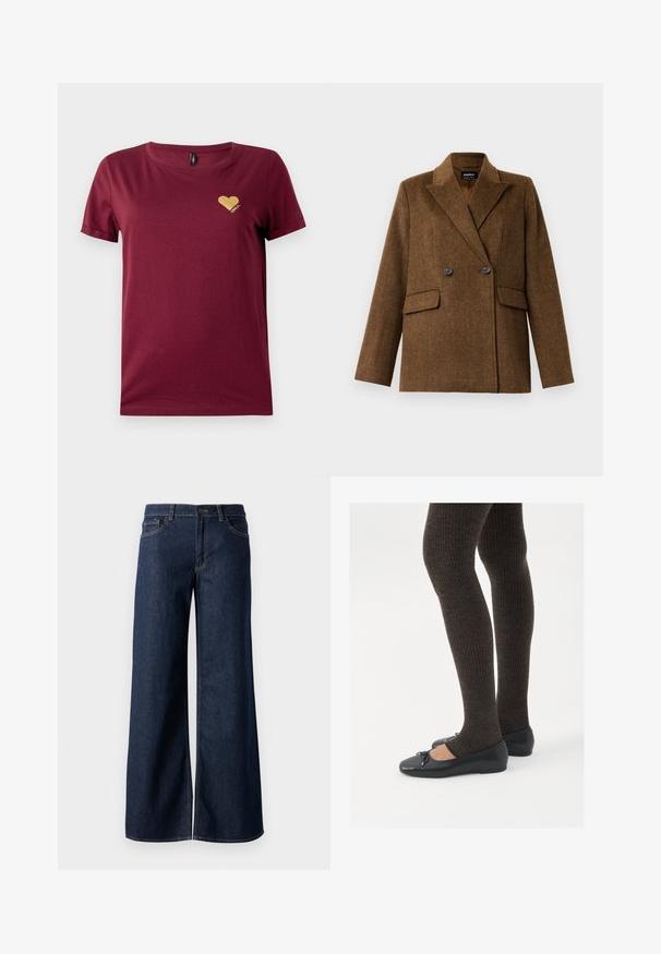 Brun dobbeltradet ullblazer med brede reversible slag, to frontlommer med klaff og knappelukking, vist på en ensfarget hvit bakgrunn.; Burgunderfarget bomull t-skjorte med rund hals og korte ermer. Har et hjerte-logo i gullglitter på venstre brystområde.; Vide benbukser i mørkeblå denim. Har kontrastsøm, fem lommer og en knaplukning i taljen. Glat tekstur.; Sorte flate sko med en liten sløyfedetalj på tåen, kombinert med mørkebrune ribbede strømpebukser. Skoene har en glatt overflate og lav profil.