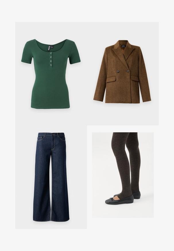 Pruun kahepoolne villane bleiser laiade klappidega, kahe esise fanaaniga taskuga ja nööbiga kinnitamine, esitatud ühel lihtsal valgel taustal.; Triibuline, lühikeste varrukatega topp tumesinises värvitoonis, ümmarguse kaelusega. Esipaelad on varustatud hõbedaste kettide ja nööpidega. Pehme tekstuur.; Laiad teksad tumesinises denimis. Omab kontrastõmblusi, viit taskut ja nupukinnitust vööl. Sile tekstuur.; Mustad mustad kingad väikese teksaga varvaste juures, koos tumedate pruunide ribakangastega. Kingadel on sile tekstuur ja madal profiil.