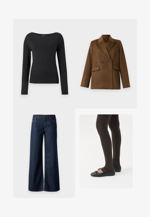 Smeđi dvoredni vuneni sako sa širokim reverima, dva prednja džepa s preklopom i dugmetom, prikazan na jednostavnoj bijeloj pozadini.; Crna uska majica dugih rukava s širokim okruglim izrezom, prikazana na jednostavnoj bijeloj pozadini.; Široke traperice u tamnoplavoj denim boji. Sadrže kontrastno šivanje, pet džepova i kopčanje na dugme u struku. Glatka tekstura.; Crne ravne cipele s malim mašnom na vrhu prstiju, uparene s tamnosmešnim rebrovanim čarapama. Cipele imaju glatku teksturu i nizak profil.