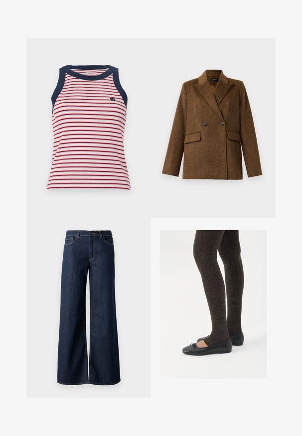 Smeđi dvoredni vuneni sako sa širokim reverima, dva prednja džepa s preklopom i dugmetom, prikazan na jednostavnoj bijeloj pozadini.; Majica bez rukava sa prugama u crvenoj, bijeloj i plavoj boji, s tamnoplavim obrubom na izrezu i otvorima za ruke. Mekana rebrasta tekstura.; Široke traperice u tamnoplavoj denim boji. Sadrže kontrastno šivanje, pet džepova i kopčanje na dugme u struku. Glatka tekstura.; Crne ravne cipele s malim mašnom na vrhu prstiju, uparene s tamnosmešnim rebrovanim čarapama. Cipele imaju glatku teksturu i nizak profil.