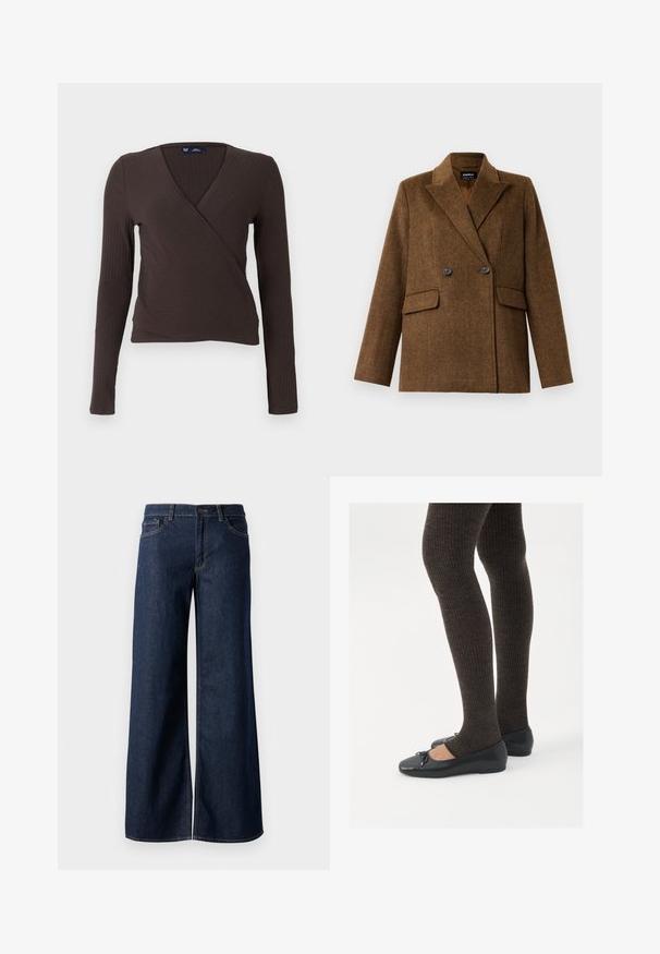 Blazer in lana marrone doppiopetto con revers ampi, due tasche anteriori a soffietto e chiusura con bottoni, esposto su uno sfondo bianco semplice.; Top marrone a maniche lunghe con motivo a coste e scollo a V, caratterizzato da una silhouette aderente e una texture liscia. Etichetta del marchio mostrata all'interno del colletto.; Jeans a gamba larga in denim blu scuro. Presentano cuciture a contrasto, cinque tasche e una chiusura con bottone in vita. Texture morbida.; Scarpe nere a flat con un piccolo fiocco sulla punta, abbinate a collant a coste marrone scuro. Le scarpe hanno una texture liscia e un profilo basso.