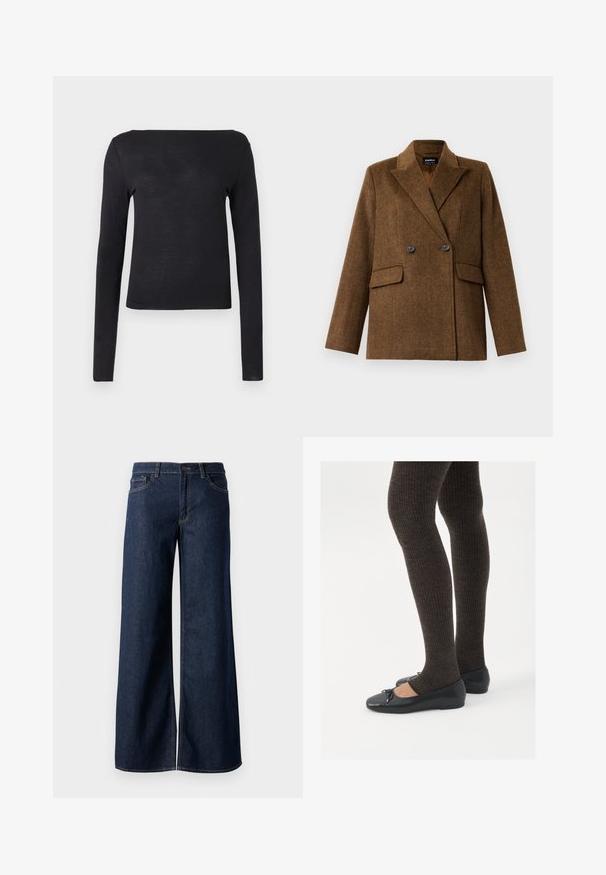 Pruun kahepoolne villane bleiser laiade klappidega, kahe esise fanaaniga taskuga ja nööbiga kinnitamine, esitatud ühel lihtsal valgel taustal.; Mustas pikkade varrukatega särk otse kaelusega ja keha järgiva disainiga, valmistatud pehmest ja kergest materjalist. Lihtne ja ühevärviline, ilma mustriteta.; Laiad teksad tumesinises denimis. Omab kontrastõmblusi, viit taskut ja nupukinnitust vööl. Sile tekstuur.; Mustad mustad kingad väikese teksaga varvaste juures, koos tumedate pruunide ribakangastega. Kingadel on sile tekstuur ja madal profiil.