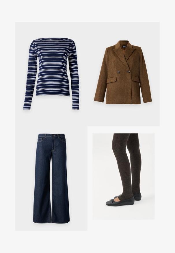 Brown double-breasted wool blazer with wide lapels, two front flap pockets, and button closure, displayed on a plain white background.; Long-sleeve navy top with white horizontal stripes, boat neckline, and soft, stretchable fabric. Simple, fitted design, minimal detailing.; Wide-leg jeans in dark blue denim. Features contrast stitching, five pockets, and a button closure at the waist. Smooth texture.; Black flat shoes with a small bow detail at the toe, paired with dark brown ribbed tights. Shoes have a smooth texture and low profile.