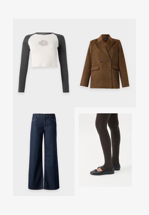 Ruskea tuplarivinen villablazer, jossa on leveät kaulukset, kaksi etutaskua ja nappikiinnitys, esillä tasaisella valkoisella taustalla.; Lyhythihainen pitkähiha shirt, jossa on vaaleanharmaa runko ja tummanharmaat hihat. Rinnassa beige aurinkokuvio. Puuvillamateriaali.; Suorat lahkeet farkut tummansinisestä denimmistä. Ominaisuuksiin kuuluvat kontrastiväriset ompeleet, viisi taskua ja nappisuljenta vyötäröllä. Sileä pinta.; Mustat matalat kengät, joissa on pieni nauha varpaissa, yhdistettynä tummanruskeisiin ribattuisiin sukkahousuihin. Kengissä on sileä pinta ja matala profiili.