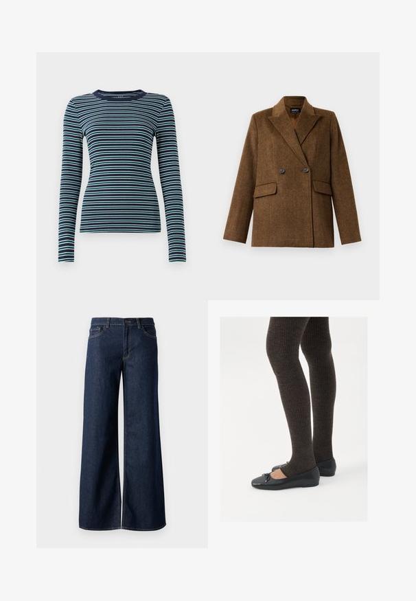 Brown double-breasted wool blazer with wide lapels, two front flap pockets, and button closure, displayed on a plain white background.; Long-sleeve, fitted top in navy with alternating white and teal horizontal stripes. Soft ribbed texture, round neckline, and a simplistic design.; Wide-leg jeans in dark blue denim. Features contrast stitching, five pockets, and a button closure at the waist. Smooth texture.; Black flat shoes with a small bow detail at the toe, paired with dark brown ribbed tights. Shoes have a smooth texture and low profile.