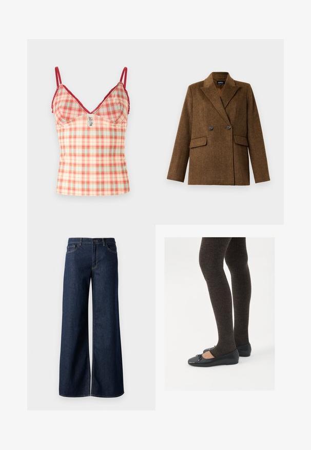 Blazer de lã castanho, de dois botões, com lapelas largas, duas bolsas frontais com aba e fecho de botão, exibido sobre um fundo branco liso.; BDG Urban Outfitters JE TAIME CAMI - Top - pink; Jeans de perna larga em denim azul escuro. Apresenta costura em contraste, cinco bolsos e um fecho de botão na cintura. Textura lisa.; Sapatos planos pretos com um pequeno laço na ponta, emparelhados com meias-calças caneladas castanhas escuras. Os sapatos têm uma textura suave e um design discretamente baixo.