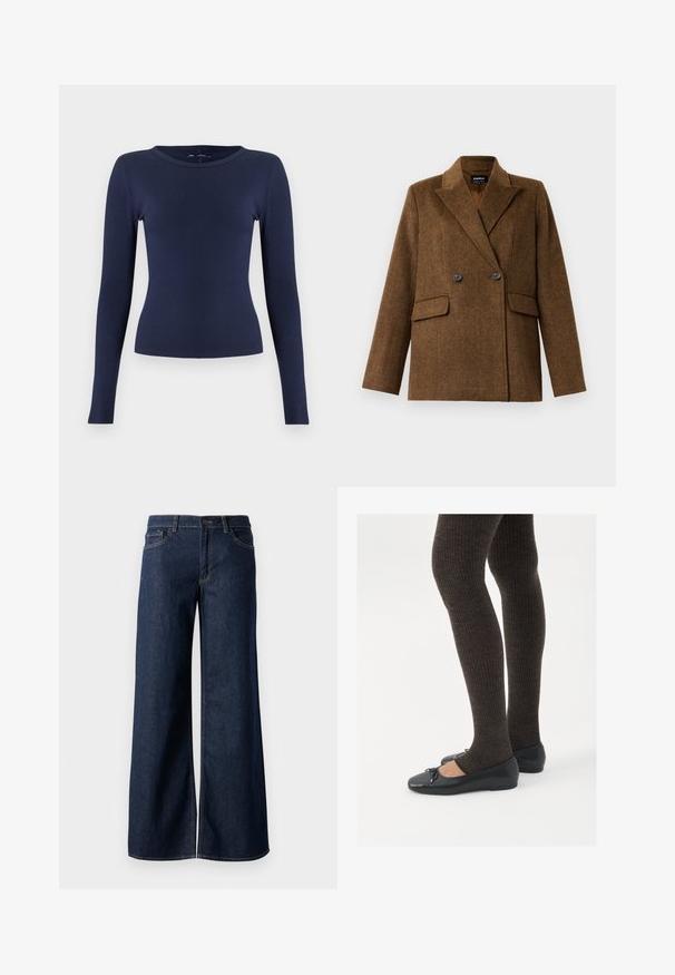 Sacou din lână maro, cu două rânduri de nasturi și rever larg, cu două buzunare frontale cu clapă și închidere cu nasturi, expus pe un fundal alb simplu.; Top bleu marin cu mâneci lungi tip reiat și guler rotund. Confecționat dintr-un material elastic, are o croială mulată și o textură netedă.; Jeanși cu picioare largi din denim albastru închis. Prezintă cusături contrastante, cinci buzunare și o închidere cu nasture la talie. Textură netedă.; Pantofi negri cu un detaliu mic de fundiță la vârf, asortați cu colanți maro închis, cu textură ondulată. Pantofii au o textură netedă și un profil joase.