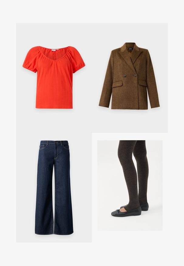 Brown double-breasted wool blazer with wide lapels, two front flap pockets, and button closure, displayed on a plain white background.; Red ribbed short-sleeve top with a wide neckline and gathered puff sleeves, featuring a lightweight, textured fabric.; Wide-leg jeans in dark blue denim. Features contrast stitching, five pockets, and a button closure at the waist. Smooth texture.; Black flat shoes with a small bow detail at the toe, paired with dark brown ribbed tights. Shoes have a smooth texture and low profile.