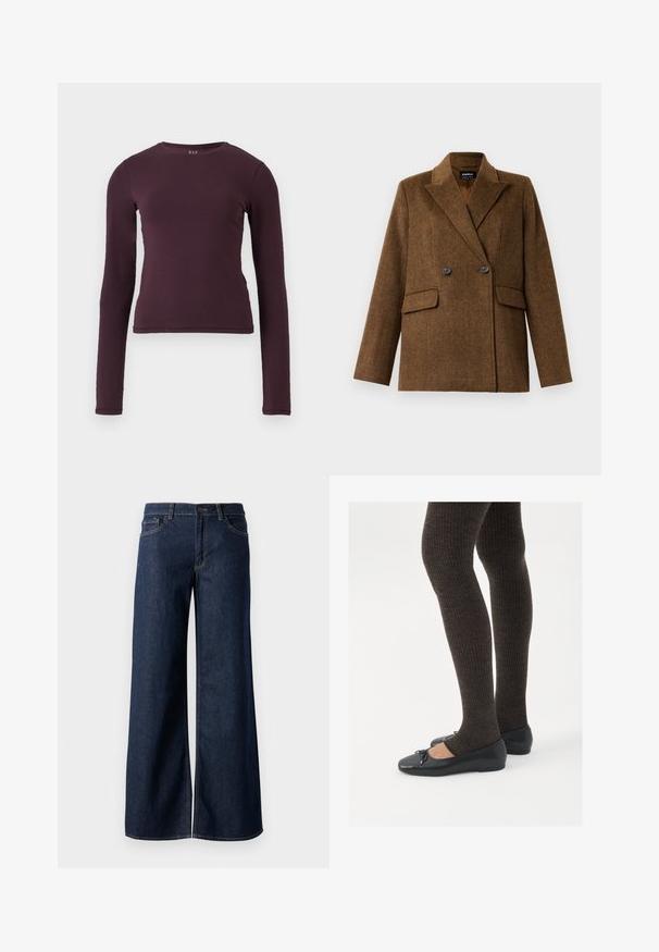 Blazer de lã castanho, de dois botões, com lapelas largas, duas bolsas frontais com aba e fecho de botão, exibido sobre um fundo branco liso.; Top de manga longa, com gola redonda, na cor roxa escura, feito de um tecido suave e elástico. Apresenta um design justo, sem padrões ou detalhes visíveis.; Jeans de perna larga em denim azul escuro. Apresenta costura em contraste, cinco bolsos e um fecho de botão na cintura. Textura lisa.; Sapatos planos pretos com um pequeno laço na ponta, emparelhados com meias-calças caneladas castanhas escuras. Os sapatos têm uma textura suave e um design discretamente baixo.