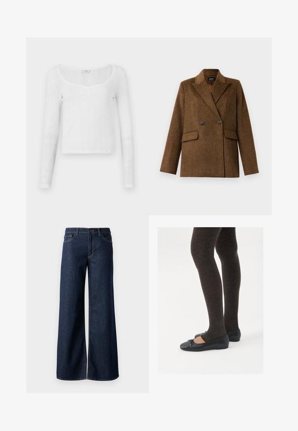 Rudas dvigubas vilnonis švarkas su plačiomis atlapinėmis, dviem priekinėmis kišenėmis su sagtimis, eksponuojamas ant paprasto balto fono.; Balta ilga rankovė viršutinė dalis su prigludusia forma, tekstūruota juostelėmis, apvalia iškirpte ir trimis mygtukų detalėmis centre.; Plati kojinės džinsai tamsiai mėlynos džinsinės medžiagos. Yra kontrastingas siuvimo ornamentas, penkios kišenės ir užsegimas mygtuku juosmenyje. Lygus paviršius.; Juodos plokščios bateliai su maža kaspinėlio detale prie pirštų, derinami su tamsiai rudos spalvos raukšlėtomis pėdkelnėmis. Bateliai turi lygų paviršių ir žemą profilį.