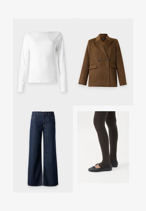 Blazer de lã castanho, de dois botões, com lapelas largas, duas bolsas frontais com aba e fecho de botão, exibido sobre um fundo branco liso.; Camisola de manga comprida branca feita de algodão macio, com decote barco e design ajustado, apresentando um detalhe de costura mínima na barra.; Jeans de perna larga em denim azul escuro. Apresenta costura em contraste, cinco bolsos e um fecho de botão na cintura. Textura lisa.; Sapatos planos pretos com um pequeno laço na ponta, emparelhados com meias-calças caneladas castanhas escuras. Os sapatos têm uma textura suave e um design discretamente baixo.