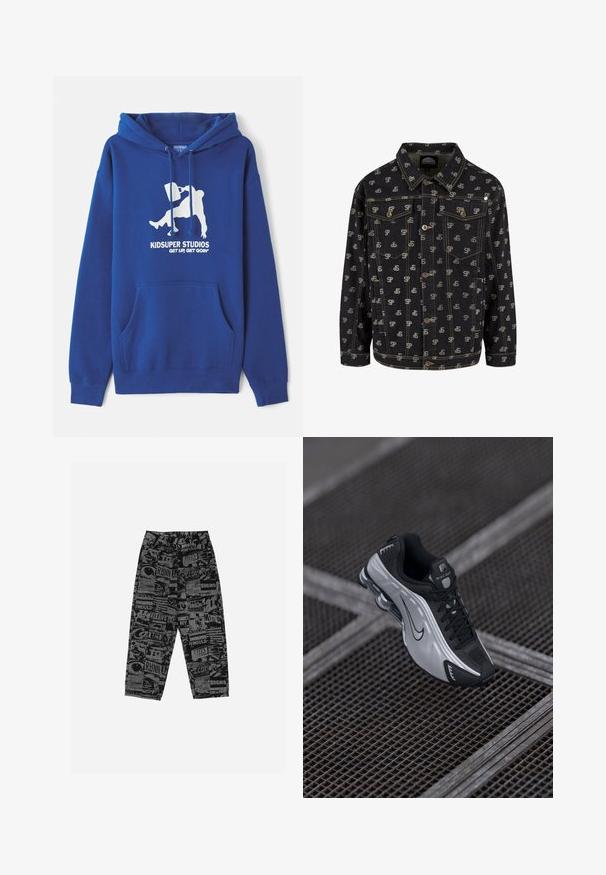 Fekete farmerdzseki, amely világosszürke "SP" logómintázattal rendelkezik. Galléros, gombos elülső résszel és két zsebbel rendelkezik, amelyek fedővel vannak ellátva a mellkason.; Kék kapucnis pulóver pamut keverékből, elülső kenguruzsebbel, zsinórral és fehér grafikával, amelyen a márkaneve és a szlogen található.; Fehér pamut póló, amelyen egy nagy vörös és fekete grafikájú, karikatúraszerű macska látható, kidomborodó szemekkel és fogakkal, az oldalán elhelyezve.; Fekete nadrág grafikus mintával, amely különböző szövegeket és képeket tartalmaz. Könnyű anyagból készült, laza szabású és egyenes lábakkal rendelkezik.; Nike sportcipő fekete és ezüst dizájnnal. Szintetikus anyagból készült, hálós kiemelésekkel és támogató talppal, látható légpárnázással.