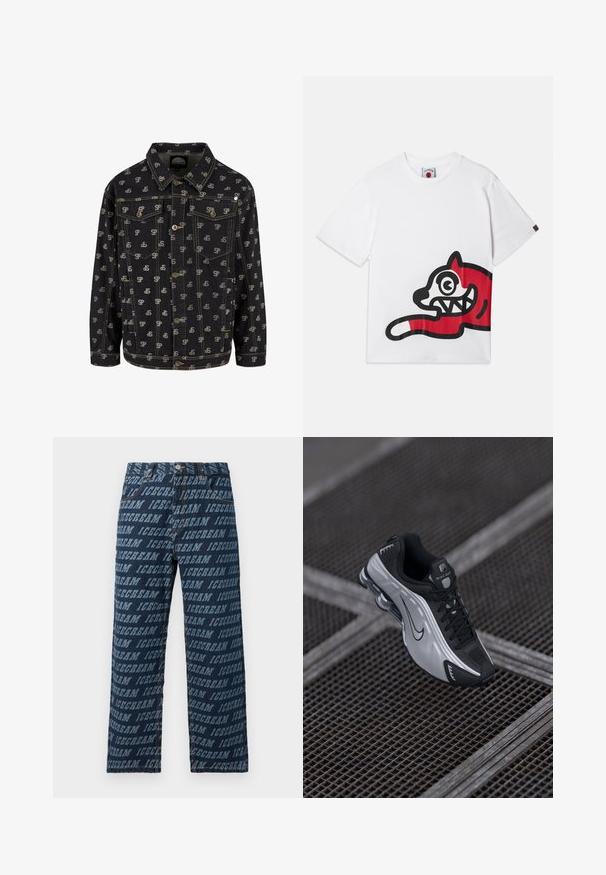 Zwarte denimjack met een herhalend "SP" logo patroon in lichtgrijs. Het heeft een kraag, een knoopsluiting aan de voorkant en twee borstzakken met kleppen.; Witte katoenen t-shirt met een groot rood en zwart grafisch ontwerp van een cartoonachtige kat met overdreven ogen en tanden, gepositioneerd aan de zijkant.; Donkerblauwe denim jeans met een in een lichtere tint herhaald "ICECREAM" tekstpatroon over het gehele oppervlak. Rechte pijpen met een standaard tailleband.; Nike sportieve schoen met een zwart en zilver ontwerp. Gemaakt van synthetisch materiaal met gaasaccenten en een ondersteunende zool met zichtbare luchtvering.
