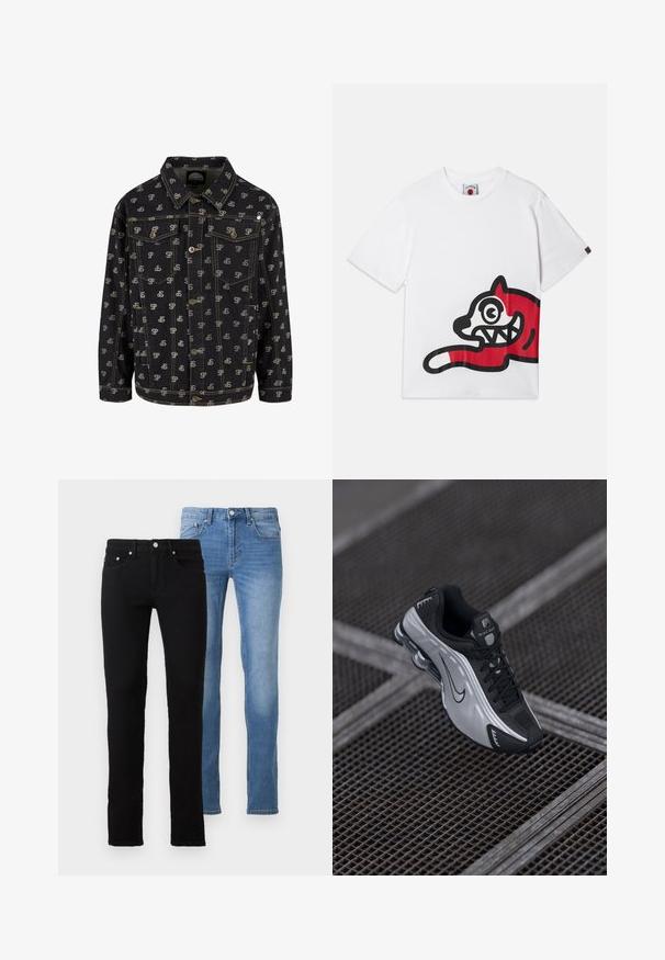 Černá džínová bunda s opakujícím se vzorem loga "SP" v světle šedé barvě. Má límec, přední zapínání na knoflíky a dvě náprsní kapsy s klopami.; Bílý bavlněný tričko s velkým červeným a černým grafickým prvkem představujícím karikaturní kočku s přehnanýma očima a zuby, umístěným na boku.; Dva páry džínů: jedny černé, jedny světle modré. Oba mají slim fit, pětikapsový design a kovové doplňky v pase.; Sportovní obuv Nike s černo-stříbrným designem. Vyrobena z umělého materiálu s síťovinou a podpůrnou podrážkou s viditelným vzduchovým polstrováním.