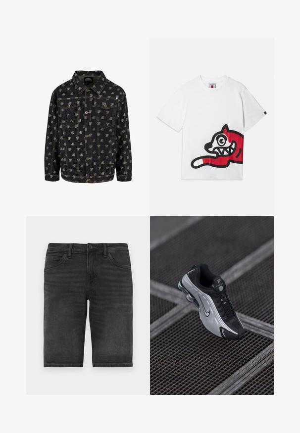 Veste en denim noir avec un motif répétitif de logo "SP" en gris clair. Elle a un col, un devant boutonné et deux poches poitrine avec rabats.; T-shirt en coton blanc avec un grand graphique rouge et noir d'un chat de style cartoon aux yeux et dents exagérés, positionné sur le côté.; Shorts en denim noir avec une coupe droite, cinq poches et une fermeture à bouton. Présente un léger délavage et une texture de tissu robuste.; Chaussure de sport Nike avec un design noir et argenté. Fabriquée en matériau synthétique avec des accents en maille et une semelle de soutien avec un amorti à air visible.