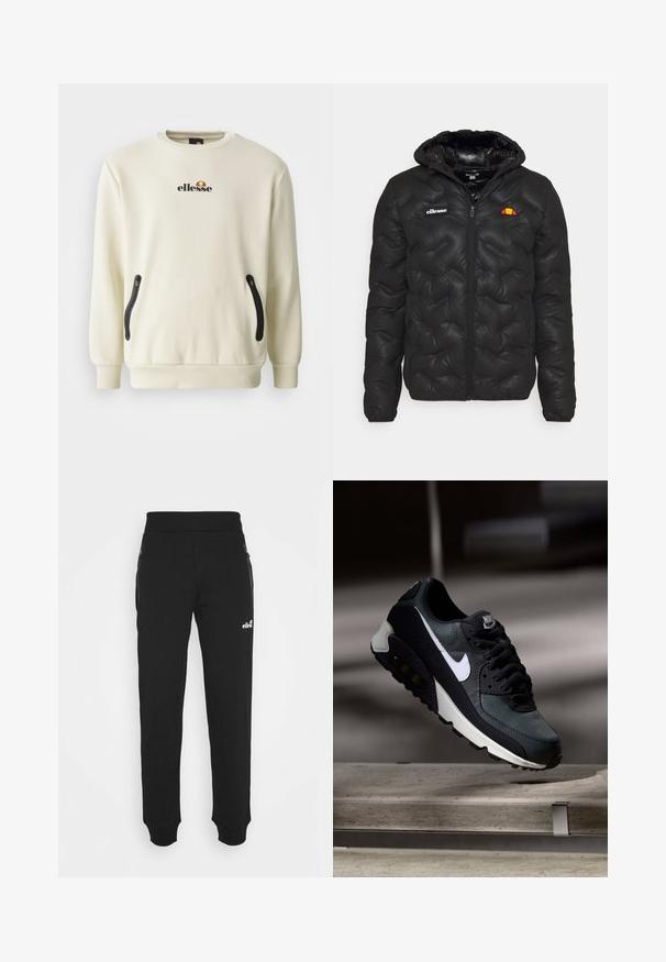 Chaqueta acolchada negra con capucha, con un diseño acolchado, cierre delantero de cremallera y un logo en el pecho izquierdo. Puños elásticos.; Sudadera color crema con cuello redondo, que presenta un logo en el pecho y dos bolsillos laterales con cremallera negra. Textura de tela suave.; Pantalones de chándal negros hechos de una tela suave que cuentan con un diseño de pierna ajustada, cintura elástica, bolsillos laterales con cremalleras y un pequeño logo de acento.; Zapatilla negra y verde con una parte superior de malla con diseño, logotipo Swoosh blanco, cuello acolchado y una unidad de amortiguación de aire visible en la suela.