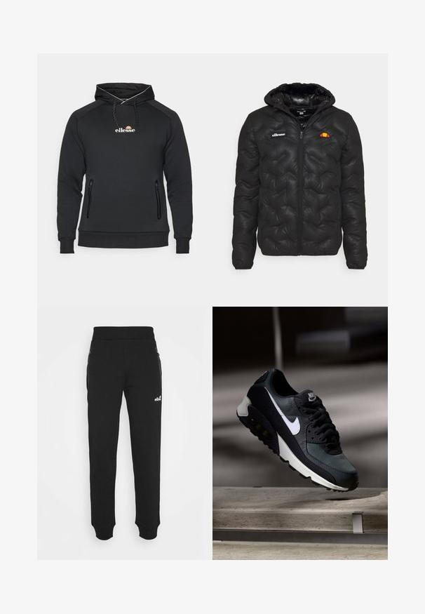 Čierna prešívaná bunda s kapucňou, so zapínaním na zips vpredu a logom na ľavej hrudi. Elastické manžety.; Čierna mikina s kapucňou zo zmesi bavlny, obsahujúca logo na prednej strane, zipsové bočné vrecká a kontrastné lemovanie pozdĺž kapucne.; Čierne tepláky vyrobené z jemnej tkaniny majú zúžený strih na nohách, elastický pás, bočné vrecká na zips a malú logo akcentáciu.; Čierne a zelené tenisky s vzorovaným sieťovaným zvrškom, bielym logom Swoosh, polstrovaným golierom a viditeľnou vzduchovou tlmiacou jednotkou v podrážke.