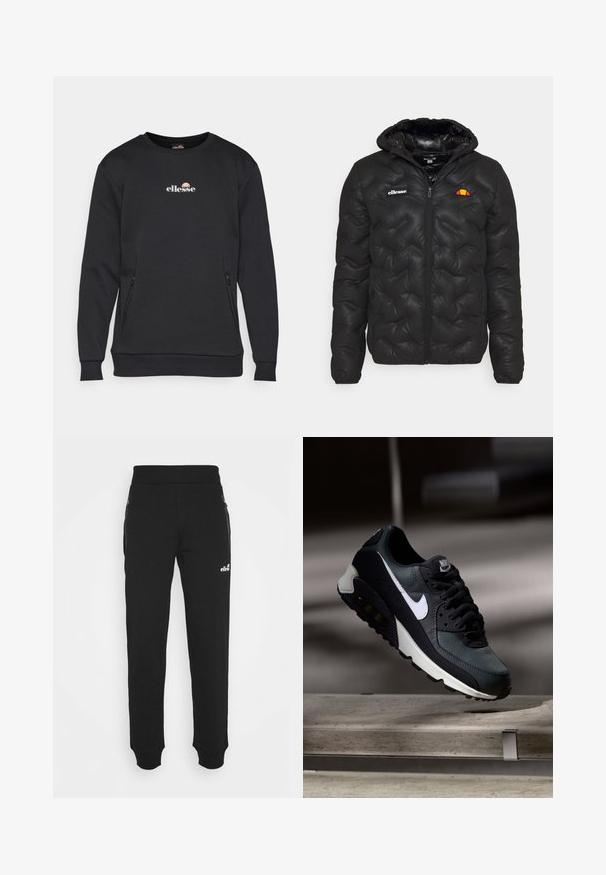 Chaqueta acolchada negra con capucha, con un diseño acolchado, cierre delantero de cremallera y un logo en el pecho izquierdo. Puños elásticos.; Ellesse VINCOLI - Sudadera - black; Pantalones de chándal negros hechos de una tela suave que cuentan con un diseño de pierna ajustada, cintura elástica, bolsillos laterales con cremalleras y un pequeño logo de acento.; Zapatilla negra y verde con una parte superior de malla con diseño, logotipo Swoosh blanco, cuello acolchado y una unidad de amortiguación de aire visible en la suela.