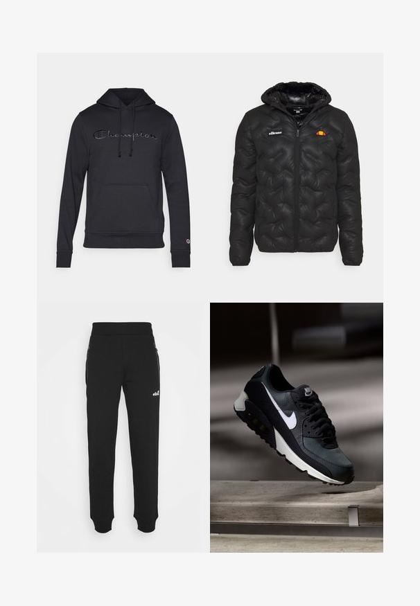 Fekete pufferszövet kabát kapucnival, steppelt dizájnnal, elől cipzárral és bal mellkason logóval. Rugalmas mandzsetták.; Fekete kapucnis pulcsi puha anyagból, elülső zsebre szabott zsebbel, húzózsinórral ellátott kapucnival, és sötét hímzéssel ellátott "Champion" logóval a mellkason.; Fekete, puha anyagból készült sportnadrág, szűkített lábdesignnal, rugalmas derékkal, cipzáros oldalzsebekkel és egy kis logóval.; Fekete és zöld sportcipő mintás hálós felsőrésszel, fehér Swoosh logóval, párnázott nyakkal és látható légpárnás egységgel a talpban.