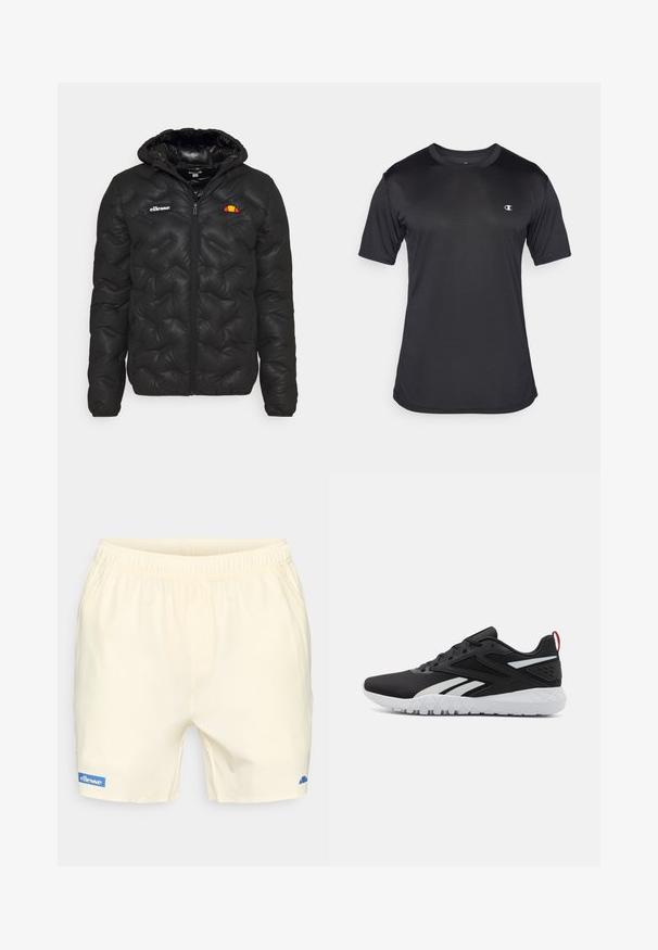 Chaqueta acolchada negra con capucha, con un diseño acolchado, cierre delantero de cremallera y un logo en el pecho izquierdo. Puños elásticos.; Camiseta deportiva negra de manga corta hecha de un tejido texturizado y transpirable; cuenta con un cuello redondo y un logo en el lado izquierdo del pecho.; Pantalones cortos amarillos claros para hombre con cintura elástica, con el logo azul de ellesse en la pierna izquierda y un pequeño emblema azul en la pierna derecha.; Zapatillas deportivas negras con parte superior de malla, acentos blancos, suela texturizada y una pestaña en el talón roja para un detalle adicional.