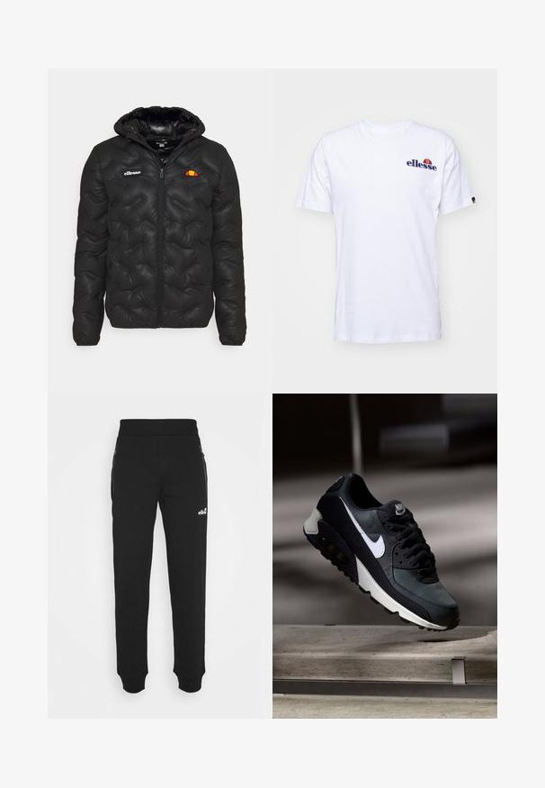 Svart pufferjakke med hette, med kviltet design, glidelås foran, og et logo på venstre bryst. Elastiske mansjetter.; Hvit bomulls T-skjorte med korte ermer, med en marineblå brodert logo på venstre bryst og en livlig farge aksent over logoen.; Svarte joggebukser laget av mykt stoff har en innskrenket bendesign, elastisk midje, sidelommer med glidelås og en liten logoak accent.; Svart og grønn sneakers med et mønstret mesh-overdel, hvit swoosh-logo, polstret krage og en synlig luftdemping i sålen.