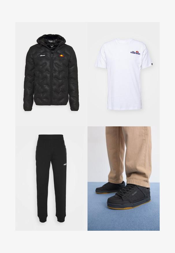 Schwarze Pufferjacke mit Kapuze, mit einem gesteppten Design, Reißverschluss vorne und einem Logo auf der linken Brust. Elastische Bündchen.; Weißes Baumwoll-T-Shirt mit kurzen Ärmeln, das ein marineblaues gesticktes Logo auf der linken Brust und einen lebhaften Farbakzent über dem Logo präsentiert.; Schwarze Sweatpants aus weichem Material verfügen über einen taillierten Beinschnitt, einen elastischen Bund, seitliche Taschen mit Reißverschlüssen und eine kleine Logo-Akzentuierung.; Schwarze Skaterschuhe mit strukturiertem Synthetik-Obermaterial, gepolsterter Sohle, grauen Schnürsenkeln und Gummi-Außensohle. Getragen mit hellbeigen Hosen.