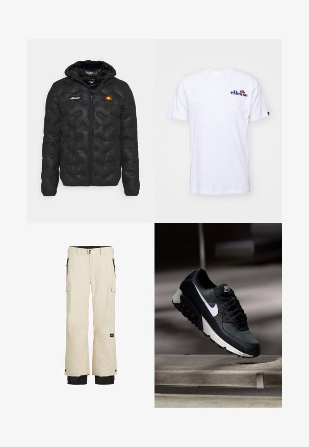 Melna pūku jaka ar kapuci, ar kvadrātu dizainu, rāvējslēdzi priekšā un logo kreisajā krūtā. Elastīgas aproces.; Balta kokvilnas T-krekls ar īsām piedurknēm, kas rotāts ar tumši zilā krāsā izšūtu logo uz kreisās krūtis un dzīvīgu krāsu akcentu virs logo.; Beige kravas bikses ar melnu apakšējo daļu, ar elastīgiem cuffiņiem, vairākām kabatām un rāvējslēdzēja aizdari. Izgatavotas no izturīga, ūdensizturīga materiāla.; Melnas un zaļas kedas ar rakstainu sieta augšdaļu, baltu swoosh logo, mīkstu apkakli un redzamu gaisa amortizācijas elementu zolē.